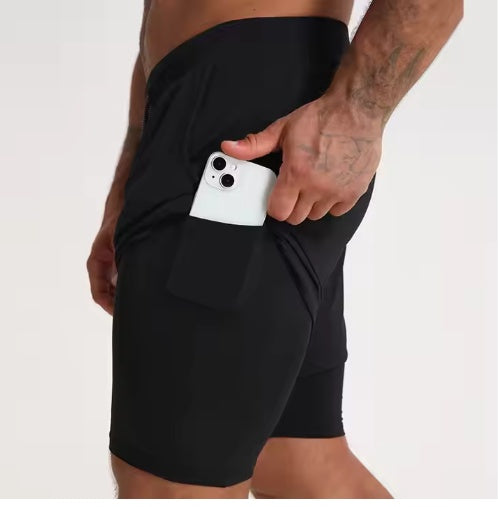 Pantalones cortos de gimnasio 2 en 1 de secado rápido para hombre, de poliéster y elastano, transpirables, para correr y fitness.