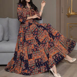 Women's Middle Eastern Style Long Sleeve Dress - Geometric Print V-Neck Embroidered Maxi Dress Boho Vacation Dress