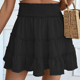Women's Comfortable Casual Vacation Style Pleated Flounce Skirt - Solid Color Elastic Waist Summer Skirt