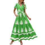 Womens Summer Casual V Neck Boho Maxi Dress Flowy Aline Bell Sleeve Tiered Floral Dresses With Pocket