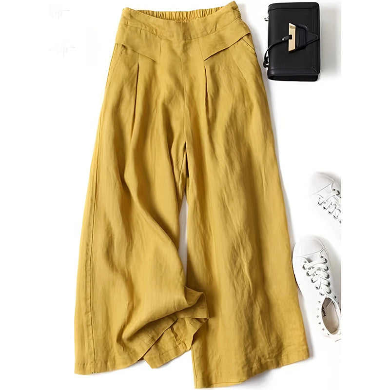 Women's Wide Leg Palazzo Pants Cotton Linen Elastic Waist Casual Pants Breathable Summer Trousers With Pockets