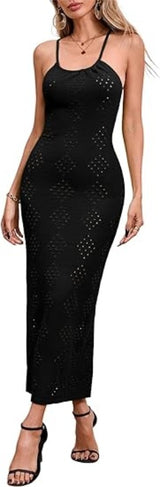 Fisoew Womens Crochet Swimsuit Cover Up Sleeveless Halter Neck Sexy Bodycon Backless Summer Knit Beach Vacation Maxi Dress