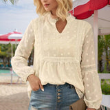Women's V-Neck Long Sleeve Blouse - Lace Cutout & Jacquard Detail Loose Top Spring Summer Casual Shirt