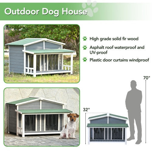 GO 47.2 Large Wooden Dog House Outdoor, Outdoor & Indoor Dog Crate, Cabin Style, With Porch, 2 Doors, Gray And Green