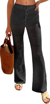 Saodimallsu Womens Beach Cover Up Pants Boho Crochet Knit High Waist Drawstring Sheer Hollow Swim Pant Swimwear