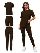 Three Piece Set, Round Neck Short Sleeved Top And Shorts And Pants Set, Sports And Casual Clothing