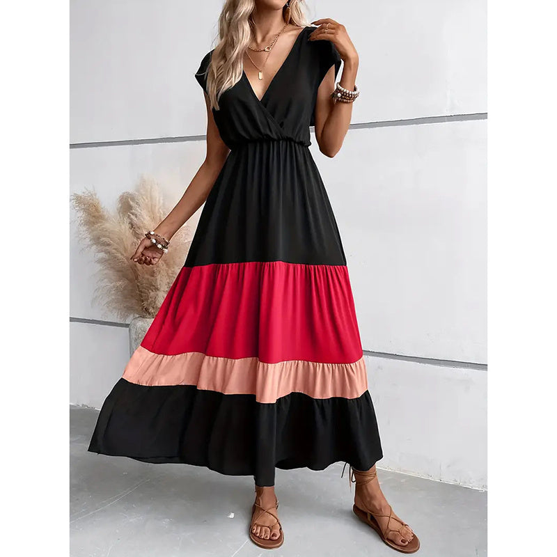Women's Color Block Maxi Dresses V Neck Sleeveless Tiered Casual Dresses Loose Sundress
