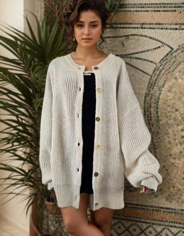 Women's Knitted Cardigan Sweater, Contrast Buttons, Chunky Knit, Gold Cuffs, Loose Long Sleeves, Spring Autumn Style