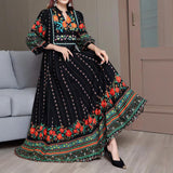 Women's Ethnic Style V-Neck Long Sleeve Dress - Embroidered Floral Pattern A-Line Maxi Dress With Printed Hem Middle Eastern Inspired Fashion