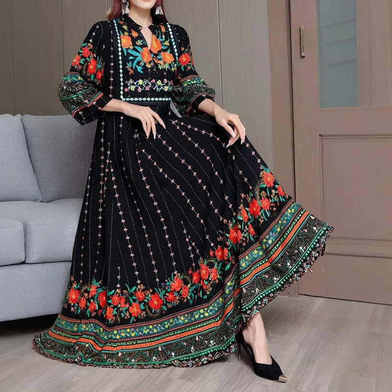 Women's Ethnic Style V-Neck Long Sleeve Dress - Embroidered Floral Pattern A-Line Maxi Dress With Printed Hem Middle Eastern Inspired Fashion