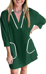 Saodimallsu Womens V Neck Swimsuit Coverup Sleeve Collar Color Block Oversized Cover Ups Mini Beach Dress With Pockets