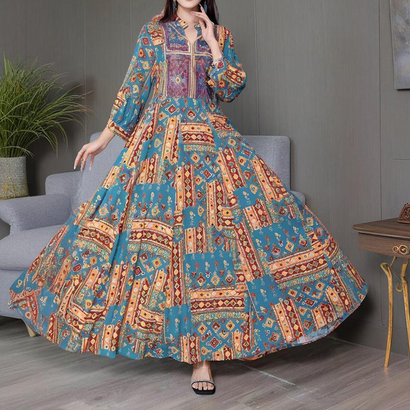 Women's Middle Eastern Style Long Sleeve Dress - Geometric Print V-Neck Embroidered Maxi Dress Boho Vacation Dress