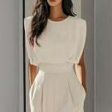 Women's Solid Color Round Neck Short Sleeve Wide-Leg Jumpsuit With Waist Design & Pockets Casual Romper For Spring&Summer