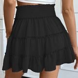 Women's Comfortable Casual Vacation Style Pleated Flounce Skirt - Solid Color Elastic Waist Summer Skirt