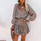 Women's Bohemian Print V-Neck Long Sleeve Dress - Flowy Beach Dress With Elastic Waist