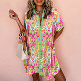 Women's Loose Fit Geometric Print Short Sleeve Dress - Casual Summer Button Front Dress, Comfortable & Stylish