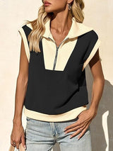 Fisoew Womens Half Zip Sweatshirts Short Sleeve Color Block Lapel V Neck Loose Summer Pullover Tops