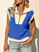 Fisoew Womens Half Zip Sweatshirts Short Sleeve Color Block Lapel V Neck Loose Summer Pullover Tops