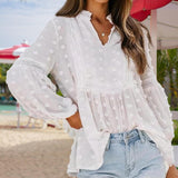Women's V-Neck Long Sleeve Blouse - Lace Cutout & Jacquard Detail Loose Top Spring Summer Casual Shirt