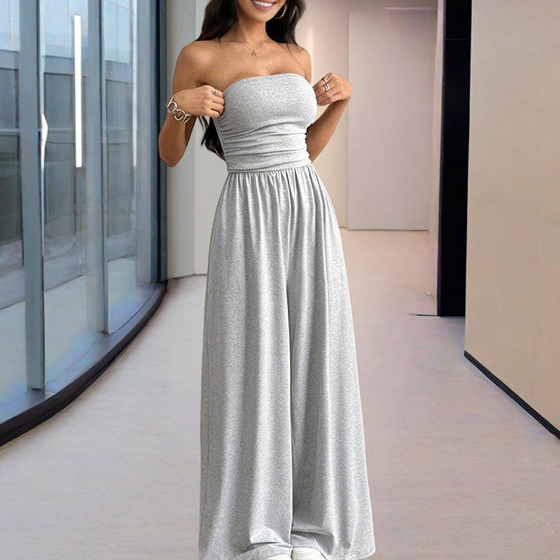 Women's Solid Color Strapless Jumpsuit Wide-Leg Palazzo Pants With Pleats Summer Fashion Outfit
