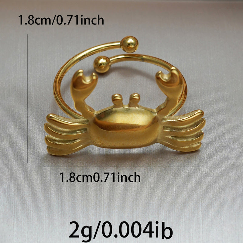 Lxalry 18K Gold Plated Stainless Steel Crab Ring For Women - Minimalist Beach Summer Jewelry, Waterproof, Hypoallergenic, Tarnish-Free, Adjustable Fun Statement Ring, Ocean-Inspired Gift Trending On T