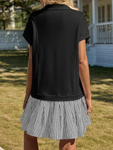 Fisoew Womens Summer Mini Dress Casual Patchwork Short Sleeve Polo V Neck Striped Dresses With Pockets