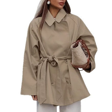 Trench Coat Women's Long Khaki Workwear Lace-up Long Sleeve Coat