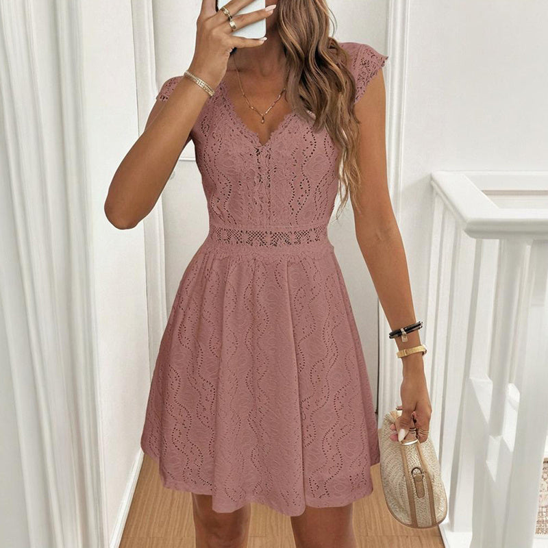 Women's V-Neck Solid Color Short Sleeve Dress With Lace Trim - Summer Sexy Vacation Dress
