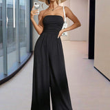 Women's Solid Color Strapless Jumpsuit Wide-Leg Palazzo Pants With Pleats Summer Fashion Outfit
