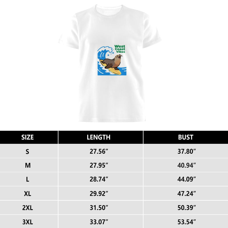 West Coast Seal Printed Men's Pure Cotton T-shirt - Casual Round Neck, Slightly Elastic, Suitable For Summer Knitted Fabric, Classic Fit Adult Shirt, Couple's Shirt