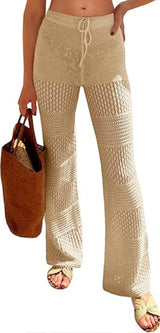 Saodimallsu Womens Beach Cover Up Pants Boho Crochet Knit High Waist Drawstring Sheer Hollow Swim Pant Swimwear