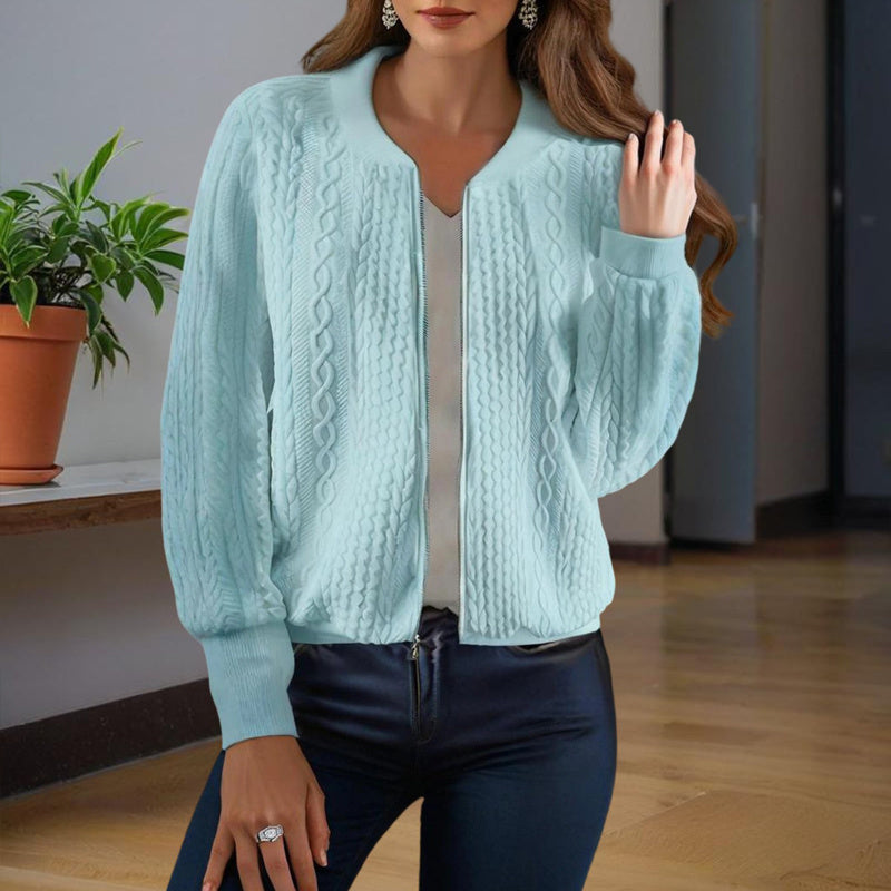 Women's Solid Color Jacquard Short Sleeve Casual Jacket Baseball Collar With Zipper Spring & Fall Lightweight Outerwear