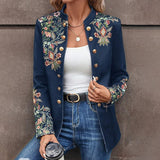 Women's Stand Collar Solid Color Floral Print Blazer Fashion Double-Breasted Fall & Winter Jacket
