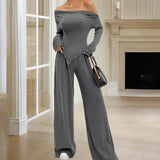 Women's Solid Color Off-Shoulder Long Sleeve Top & Pants Set - Elegant Asymmetrical Hem & Ruffes Cuff Casual Outfit