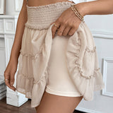 Women's Comfortable Casual Vacation Style Pleated Flounce Skirt - Solid Color Elastic Waist Summer Skirt