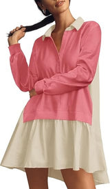 Fisoew Womens Oversized Sweatshirt Dress Long Sleeve V Neck Patchwork Casual Pullover Tops Loose Fit Mini Dresses