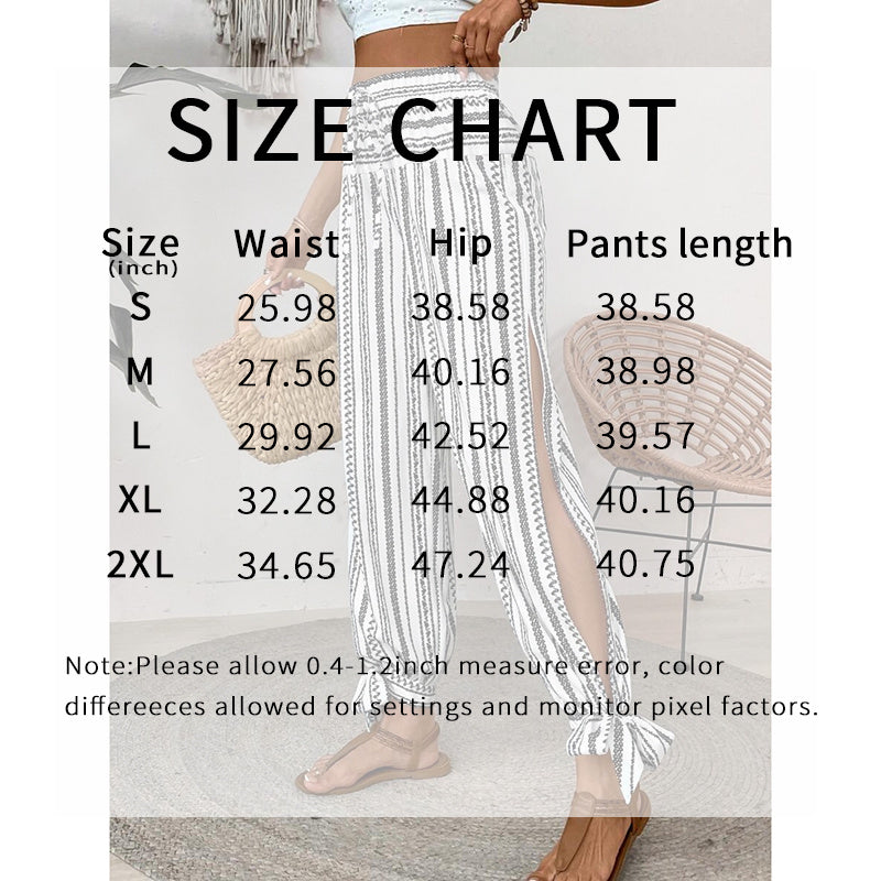 Women's Fashion Striped Long Pants Side-Slit Design Trendy Casual Trousers