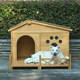 48 Wooden Dog House Outdoor With Porch, Dog Kennel With Water-Resistant Asphalt Roof And Fencing,Indoor & Outdoor Dog Crate With Paw Print, Medium, Nature