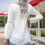 Women's V-Neck Long Sleeve Blouse - Lace Cutout & Jacquard Detail Loose Top Spring Summer Casual Shirt