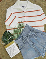 Women's 2025 Spring Summer Casual Fold-Down Short Sleeve Fashion Button Knitted Cardigan Sweater Navy Striped Sleeve Knitted Cardigan