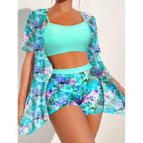 Local WarehouseFashionable Printed Slimming High Waisted Bikini Three Set Beach Vacation Sunscreen Swimsuit