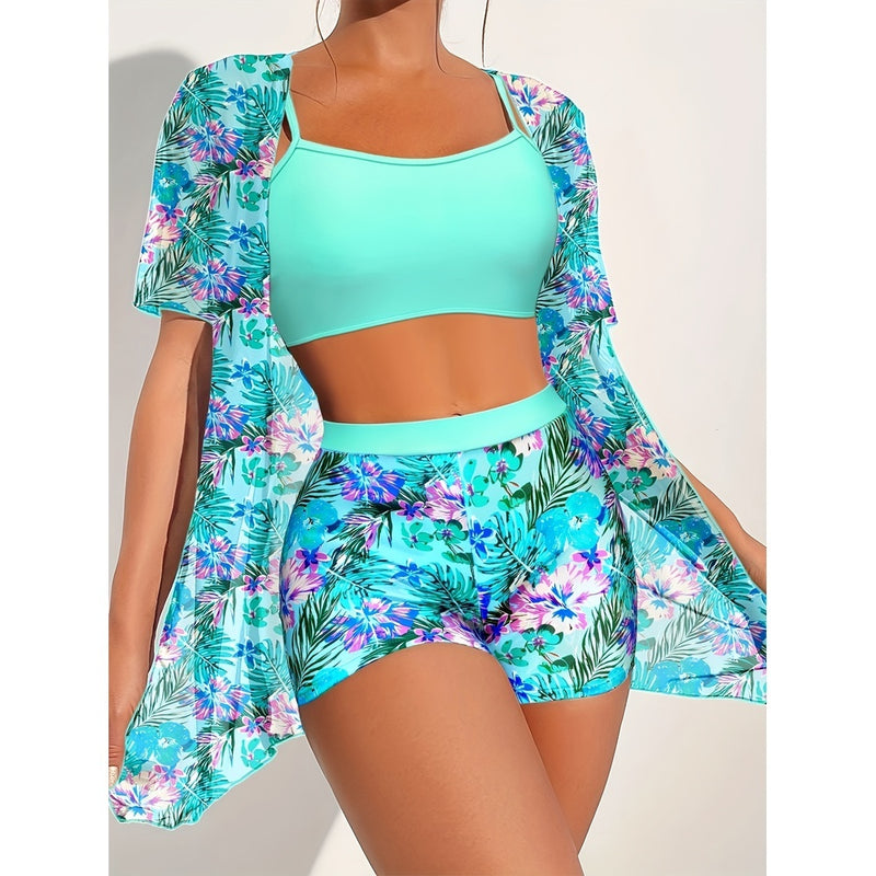 Local WarehouseFashionable Printed Slimming High Waisted Bikini Three Set Beach Vacation Sunscreen Swimsuit