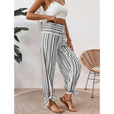 Women's Fashion Striped Long Pants Side-Slit Design Trendy Casual Trousers