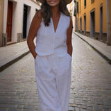 Women's Solid Color V-Neck Vest Two-Piece Set Button Front Vest Top With Pocket Pants For Spring & Summer Casual Outfit