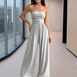 Women's Solid Color Strapless Jumpsuit Wide-Leg Palazzo Pants With Pleats Summer Fashion Outfit