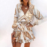 Women's Bohemian Print V-Neck Long Sleeve Dress - Flowy Beach Dress With Elastic Waist