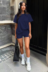 Three Piece Set, Round Neck Short Sleeved Top And Shorts And Pants Set, Sports And Casual Clothing