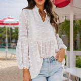Women's V-Neck Long Sleeve Blouse - Lace Cutout & Jacquard Detail Loose Top Spring Summer Casual Shirt