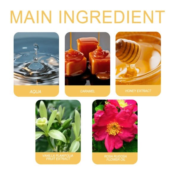 Roxel's Women's Charming Perfume Fresh Natural light ingredients including aqua, caramel, honey extract, vanilla extract, and flower oil.