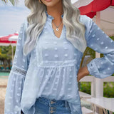Women's V-Neck Long Sleeve Blouse - Lace Cutout & Jacquard Detail Loose Top Spring Summer Casual Shirt